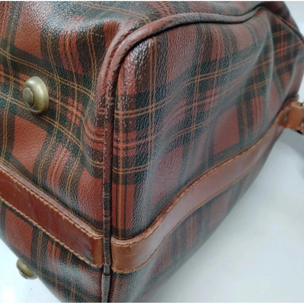 Polo Ralph Lauren Vintage‎ Plaid Duffle Bag Brown Canvas Leather Trim Large